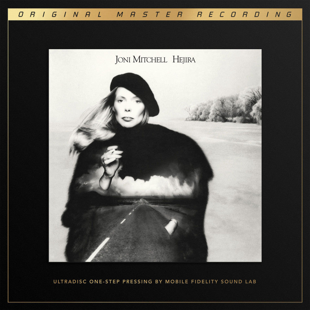 Joni Mitchell Hejira album cover featuring black and white portrait with surreal road imagery