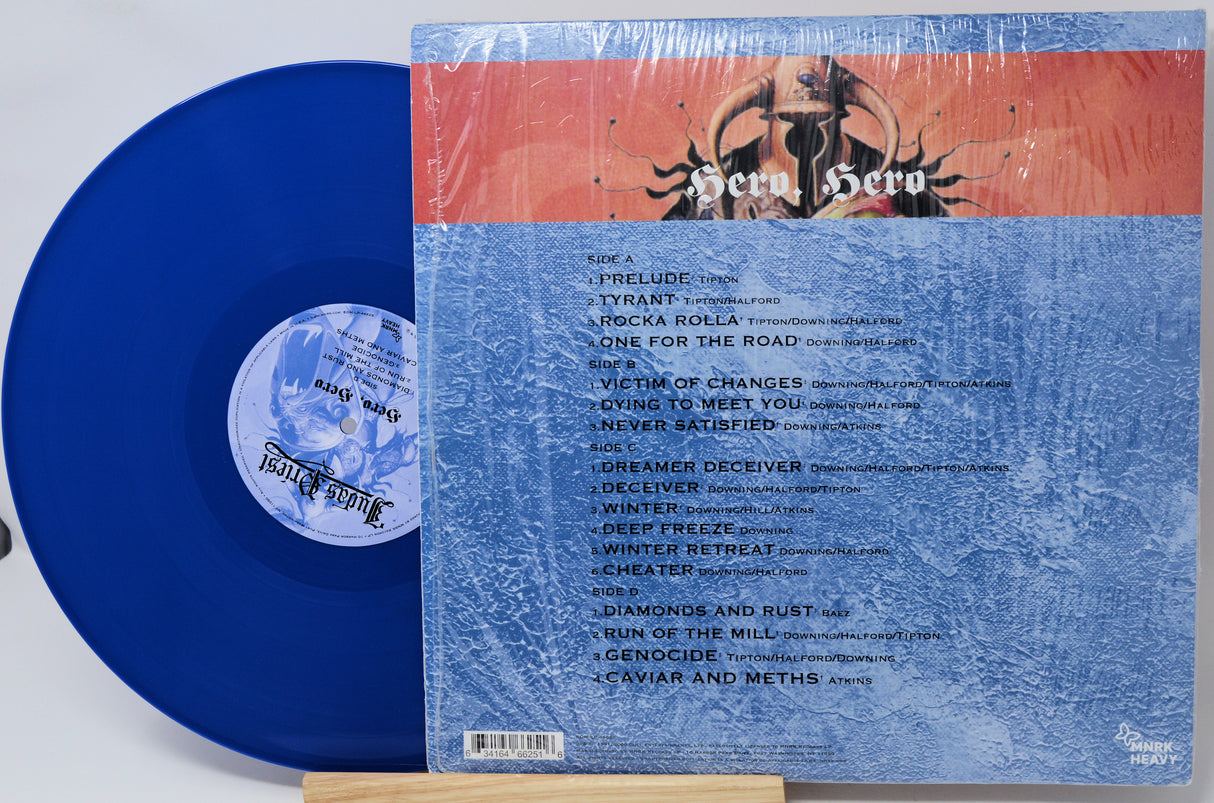Blue vinyl record with a detailed back cover on a white background