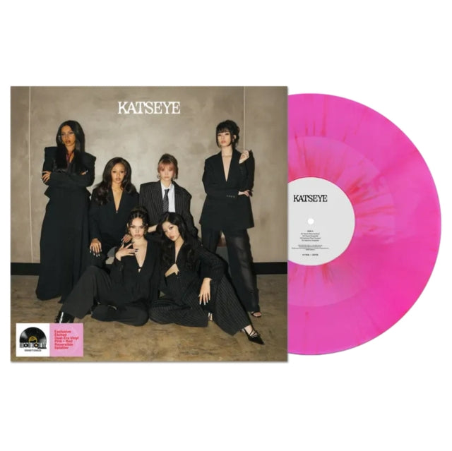 Vinyl record with pink and purple gradient and cover featuring the group Katseye.