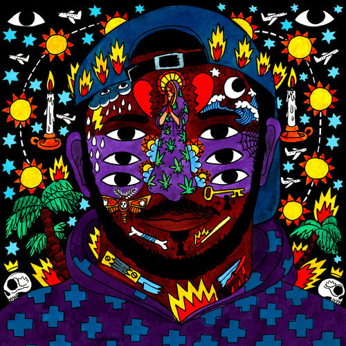 Colorful artwork with abstract faces, symbols, and patterns on a black background