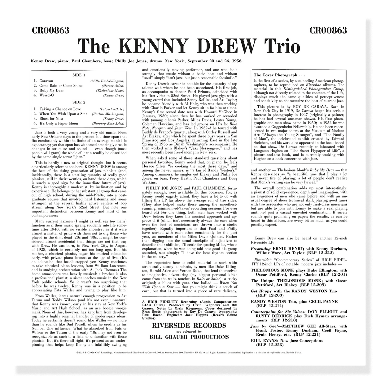 Back cover of the Kenny Drew Trio jazz album with tracklist and liner notes