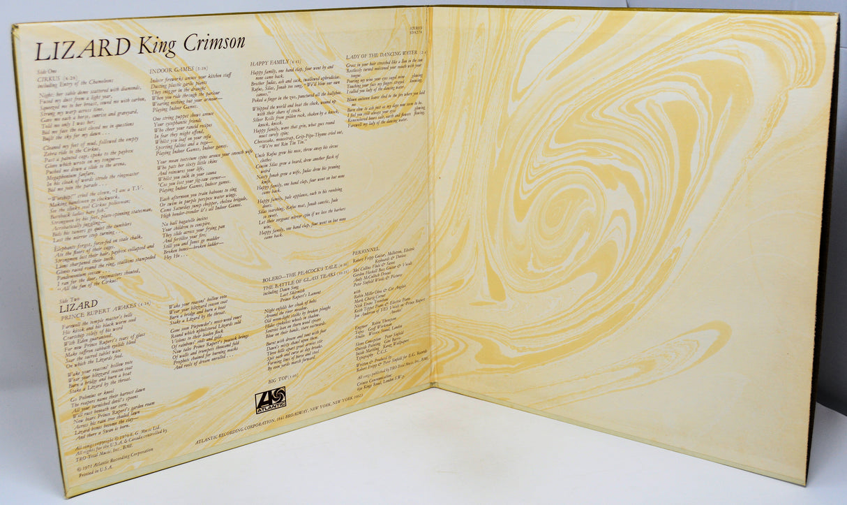 Inside gatefold, containing song titles and lyrics for King Crimson's Lizard vinyl record.