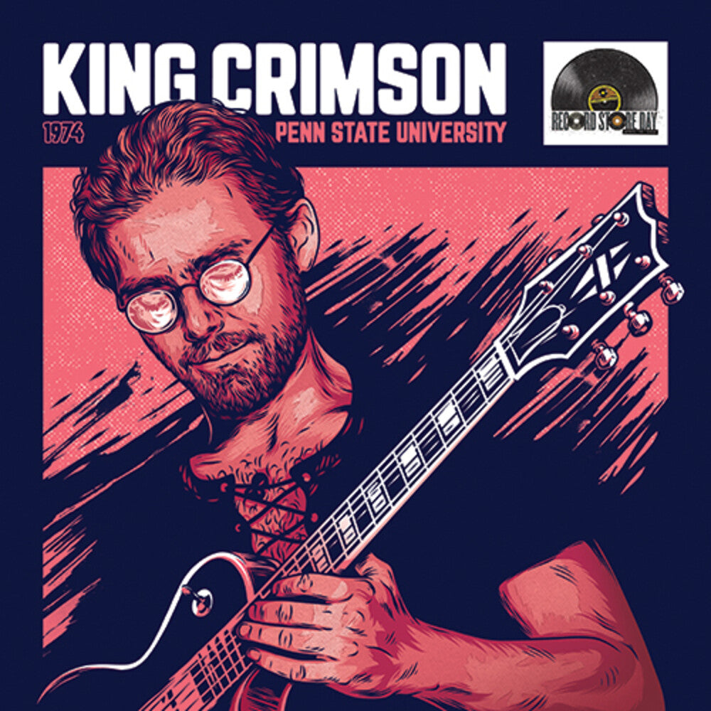 Album cover for King Crimson featuring a person with glasses holding a guitar, set against a red and black background.