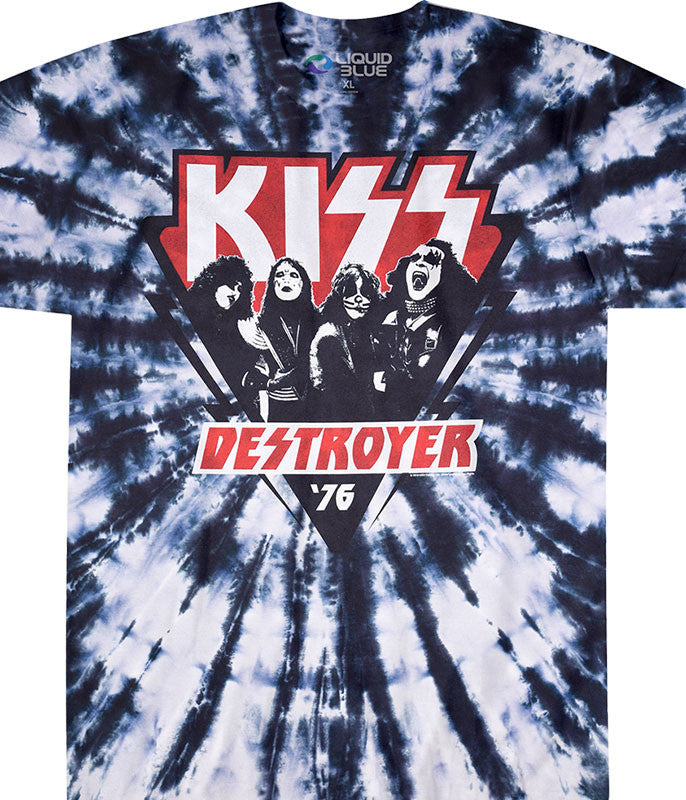 Tie-dye t-shirt with KISS graphic and 'Destroyer '76' text on a black and white background