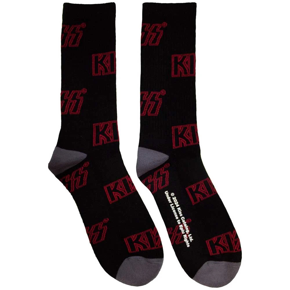 Black socks with red logo pattern on a white background