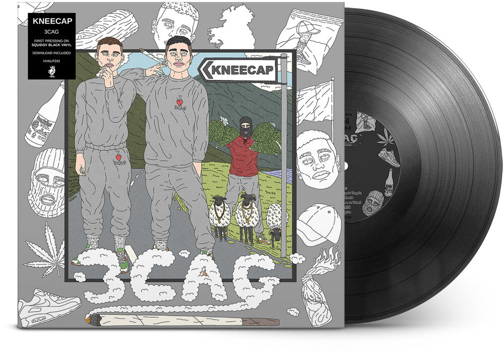 Kneecap 3CAG vinyl record album with its illustrated cover jacket and a black vinyl record partially visible behind it.