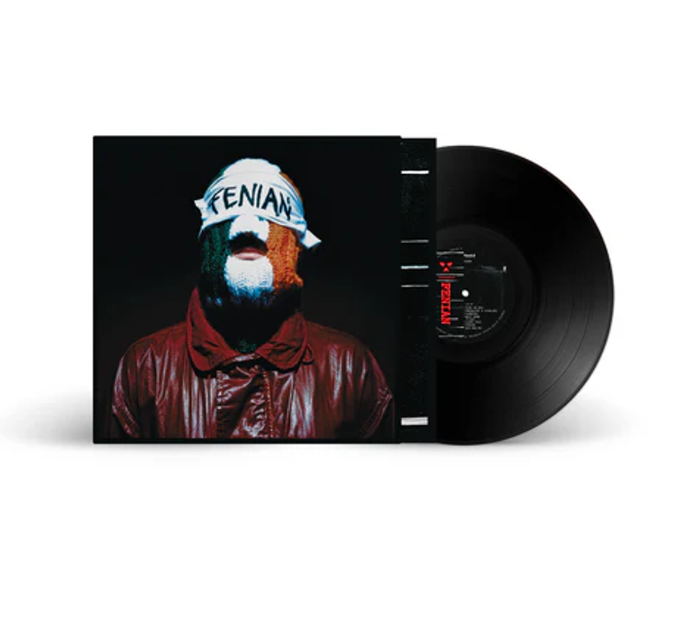Vinyl record with cover featuring a person wearing a ski mask with the Irish flag colors on it featuring the title of the record 'Fenian' by Kneecap.