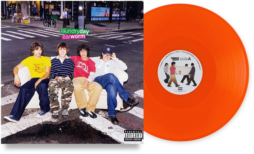 Orange vinyl record with a label featuring four people and an album cover of four people sitting on a street.