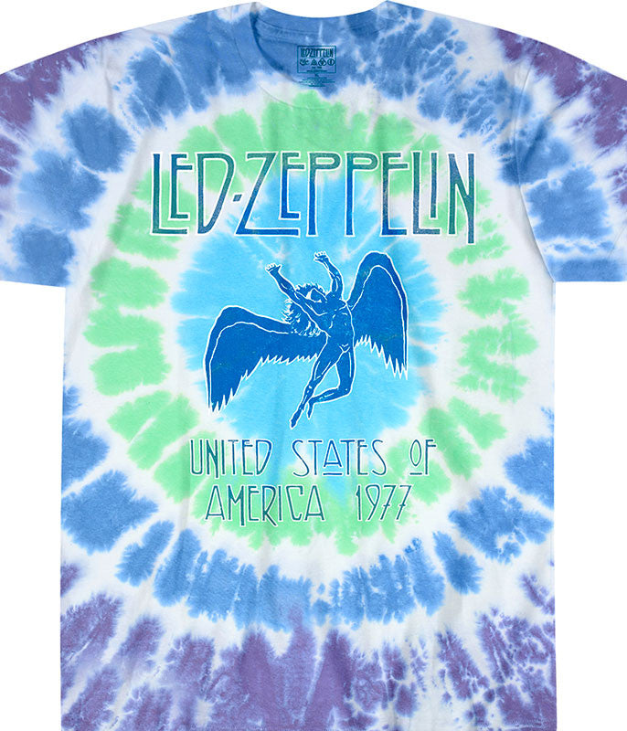 Tie-dye t-shirt with Led Zeppelin logo and text on a white background
