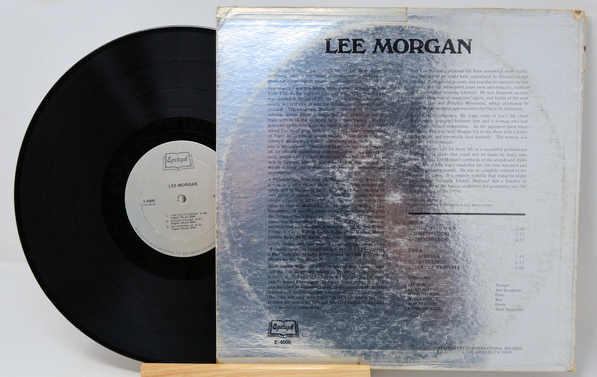 Back cover and vinyl of Lee Morgan 1938-1972 Epitaph record album, showing liner notes and tracklist