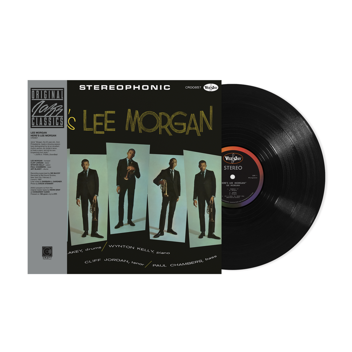 A vinyl record and its cover featuring Lee Morgan, with the title 'HERE'S LEE MORGAN' on the cover. The vinyl record is black, and the cover has text and an image of Lee Morgan in a suit.