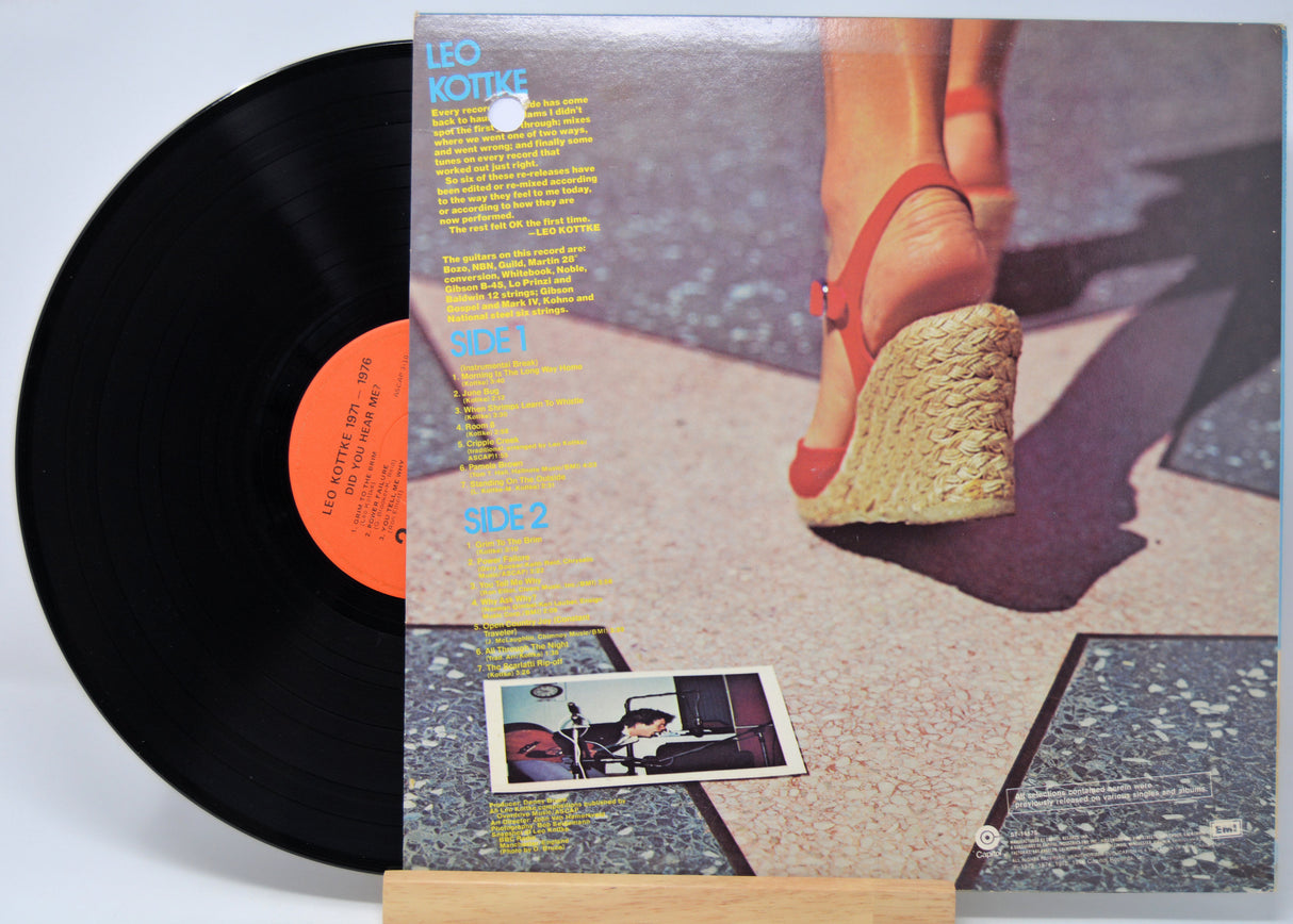 'Leo Kottke 1971-1976' Vinyl record with a colorful cover featuring a person in red shoes and text.