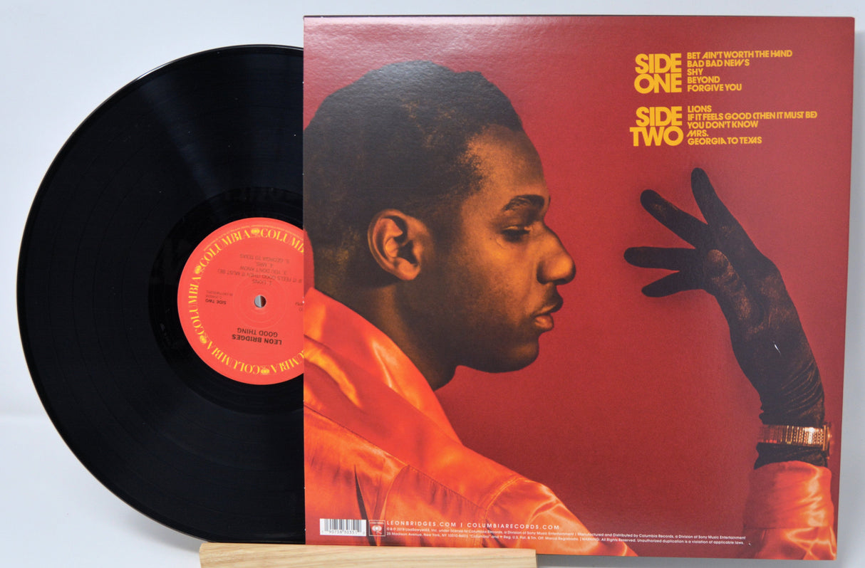 Back cover of Leon Bridges' 'Good Thing' vinyl LP showing tracklist and artist portrait
