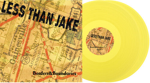 Yellow vinyl record with 'Less Than Jake' album cover featuring a map design.