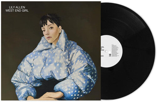 Vinyl record with a cover featuring a person in a blue polka dot jacket, titled 'West End Girl' by Lily Allen.