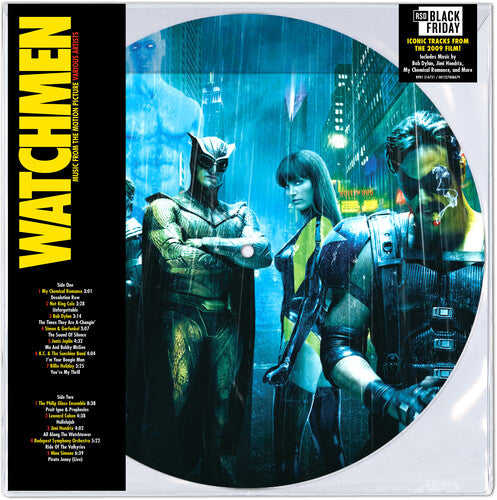 Watchmen 2009 movie soundtrack picture disc featuring superheroes in a rainy city, exclusive for RSD Black Friday
