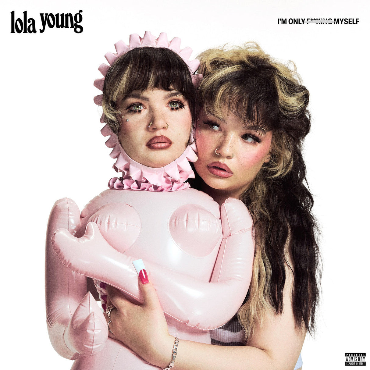 Lola Young embracing a pink inflatable doll with a human-like face on the album cover for 'I'm Only F***ing Myself'