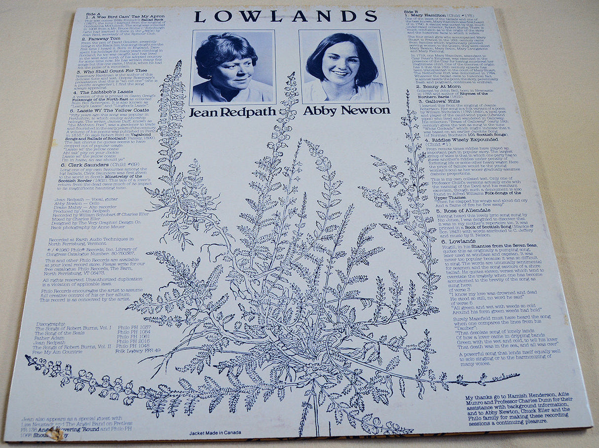 Back cover of 'Lowlands' vinyl album showing Jean Redpath and Abby Newton photos, tracklist, and liner notes
