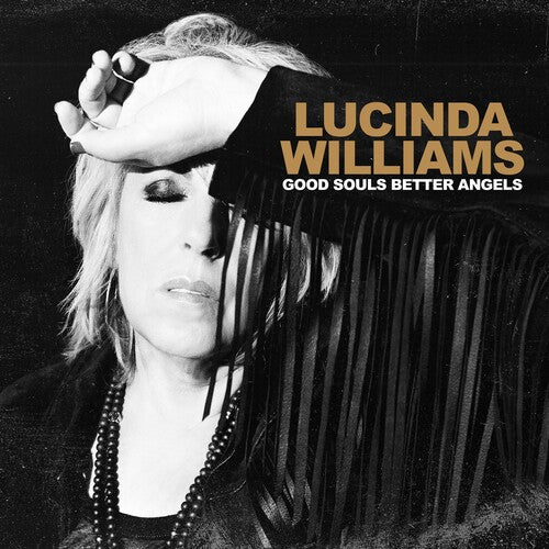 Album cover with a person holding a black hat over their face, featuring the text 'Lucinda Williams Good Souls Better Angels'.