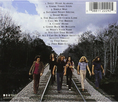 Back cover of Lynyrd Skynyrd All Time Greatest Hits CD showing tracklist and band walking on railroad tracks