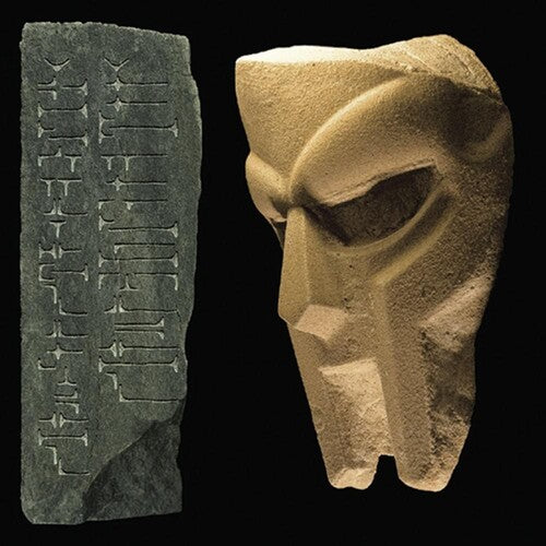 Vinyl record and cover art for MF Doom's album 'Born Like This' featuring text and a sculpted face.