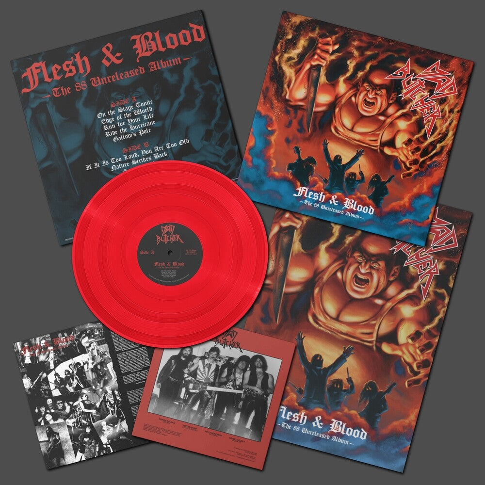 Vinyl record by Mad Butcher with red disc and 'Flesh & Blood' album covers on a gray background