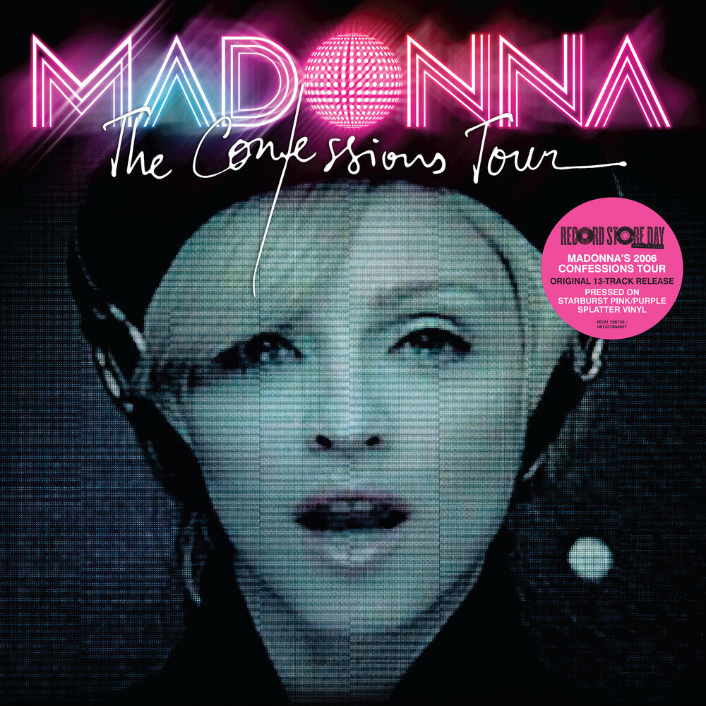 Album cover for Madonna's 'The Confessions Tour' with a stylized portrait of her and text.