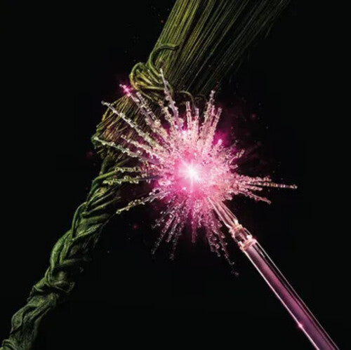 A magical broomstick being touched by a glowing pink sparkling wand on a black background