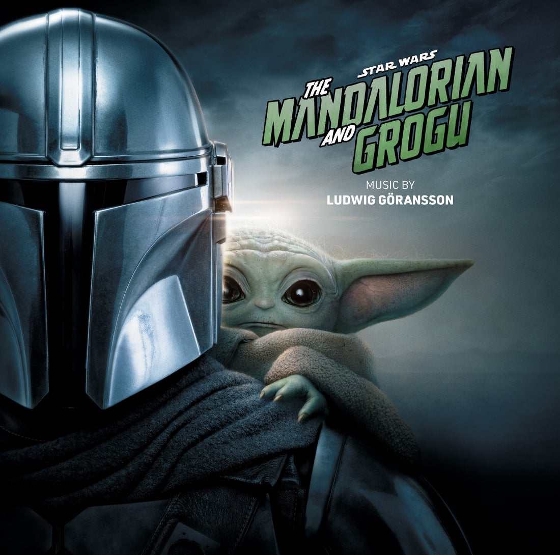 Promotional poster for 'The Mandalorian and Grogu' with a character in a helmet and a small creature, featuring the text 'Star Wars The Mandalorian and Grogu'.