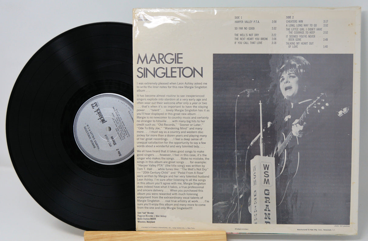 Back cover of Margie Singleton's Harper Valley P.T.A. vinyl album with black vinyl record and liner notes