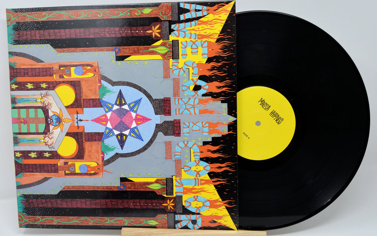 Psychedelic castle artwork with vinyl record for Massa Hypnos album