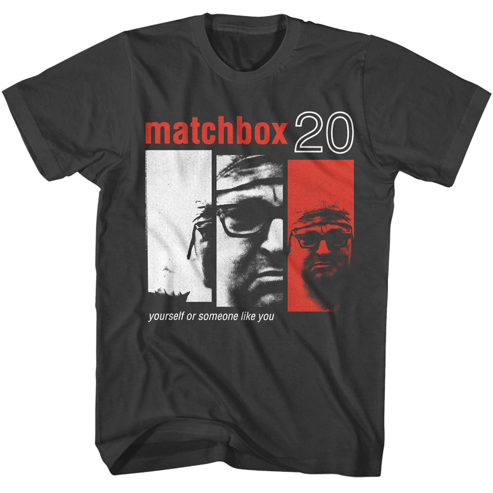 Black t-shirt with Matchbox 20 graphic design featuring a face and text on a white background