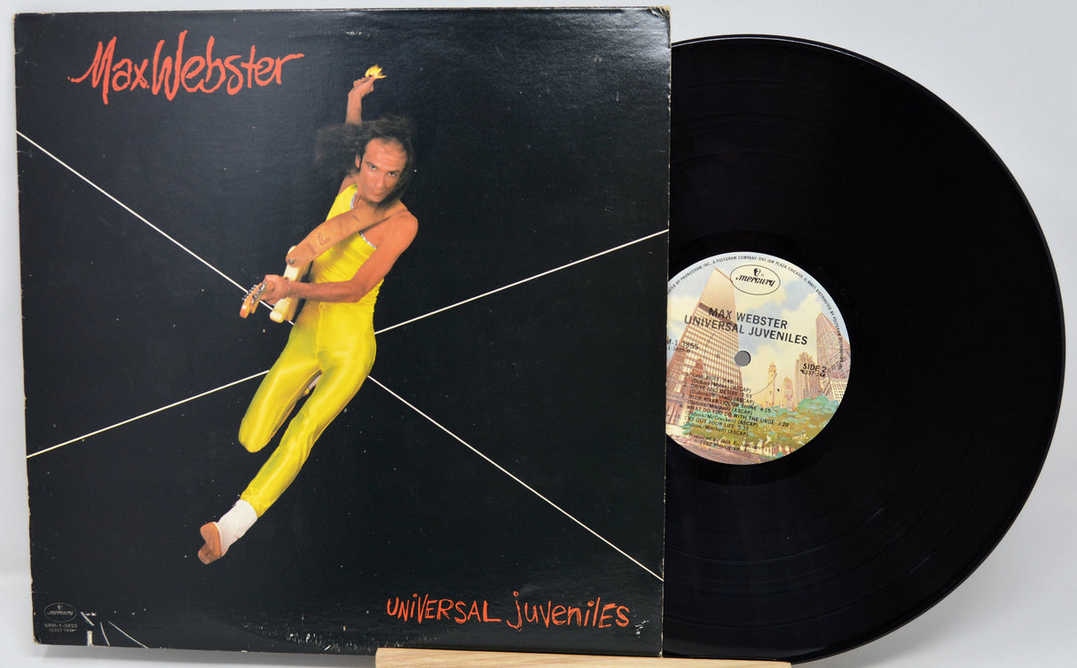 Vinyl record with cover featuring a person in yellow jumpsuit against a black background, labeled 'Max Webster Universal Juniniles'.