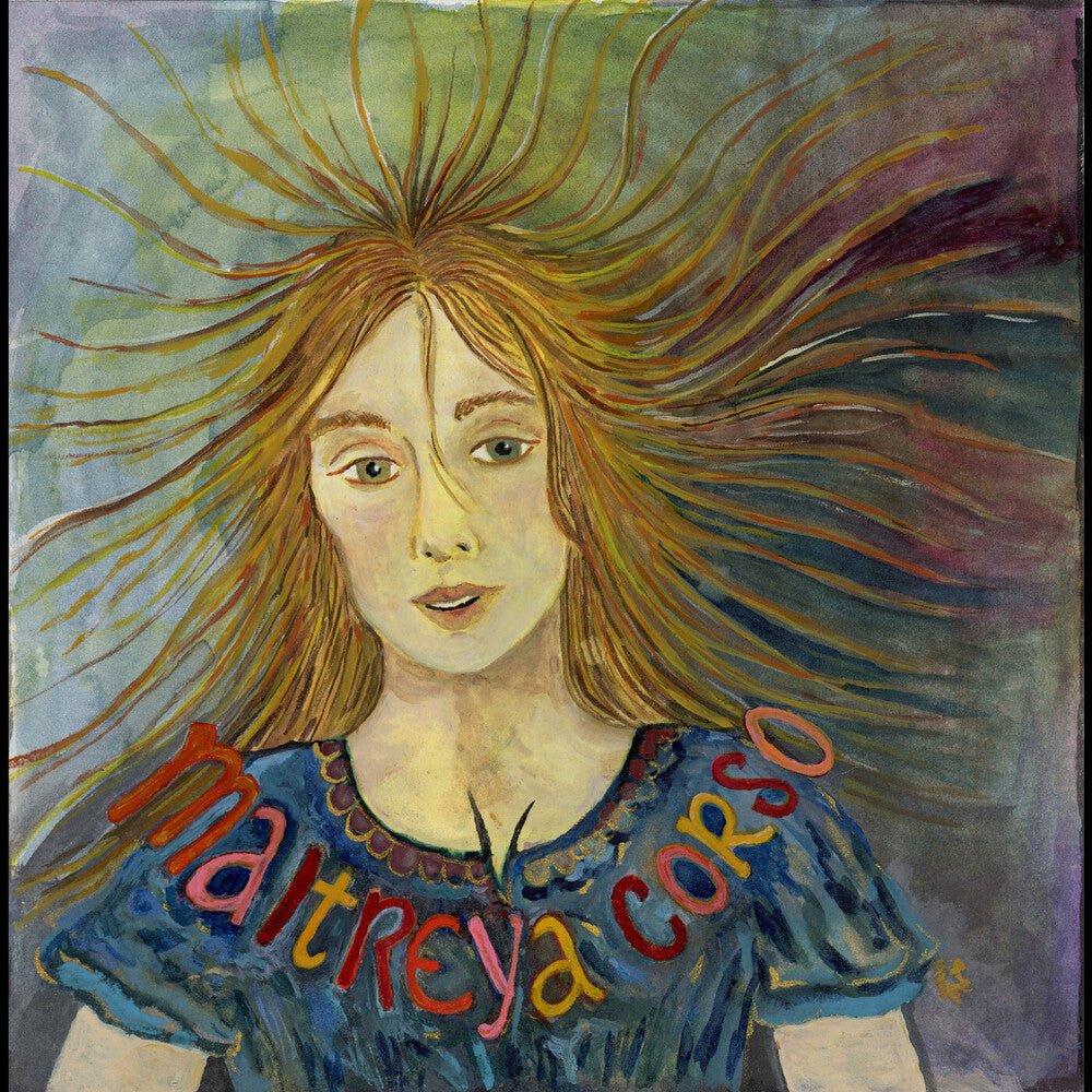 Vinyl record cover for Maya Hawke's 'Maitreya Corso' album featuring an artistic depiction of a person with flowing hair and colorful text.