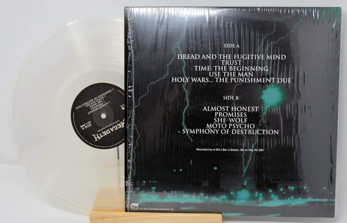 Back cover and clear vinyl LP of Megadeth Unplugged in Boston with tracklist
