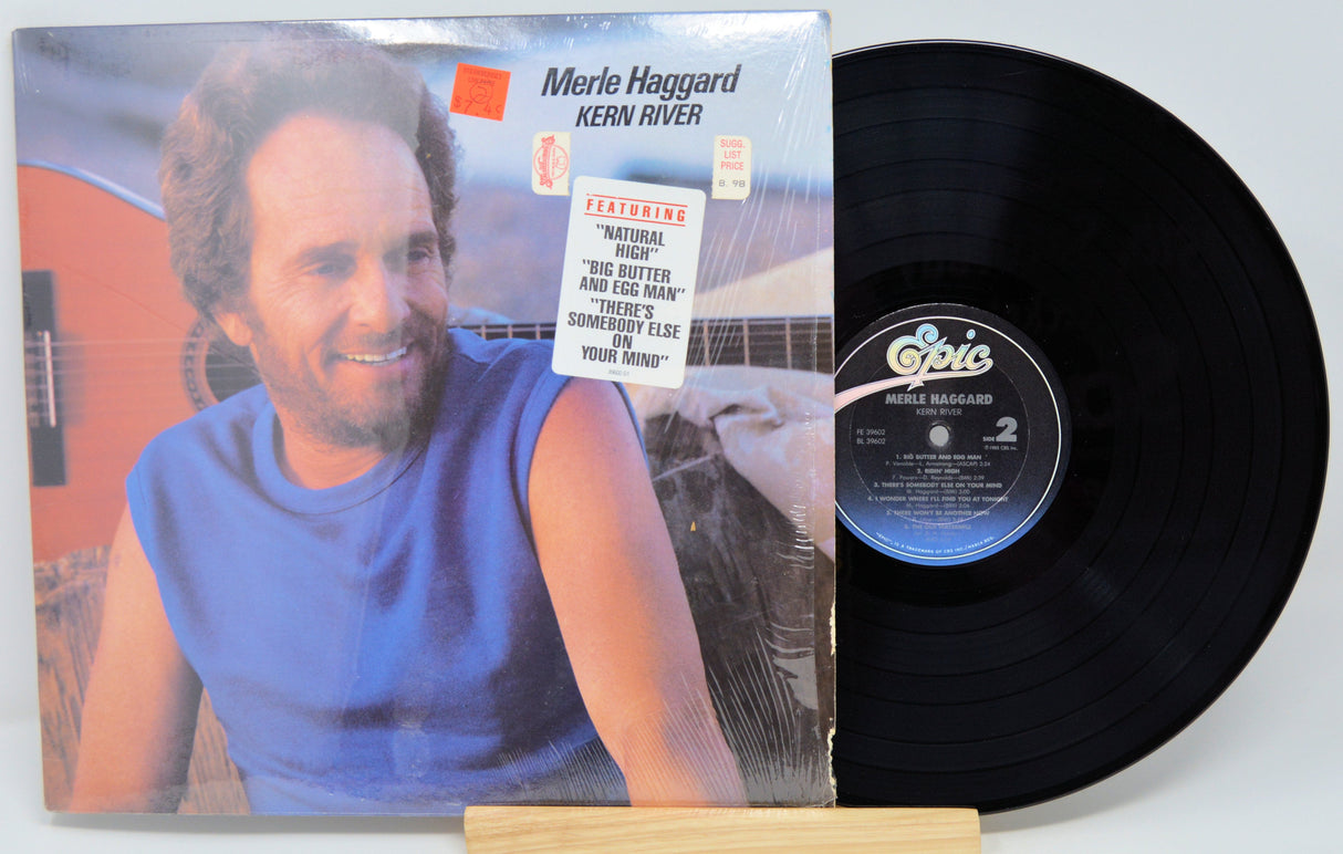 Front cover and vinyl record of Merle Haggard's Kern River LP with featured song sticker