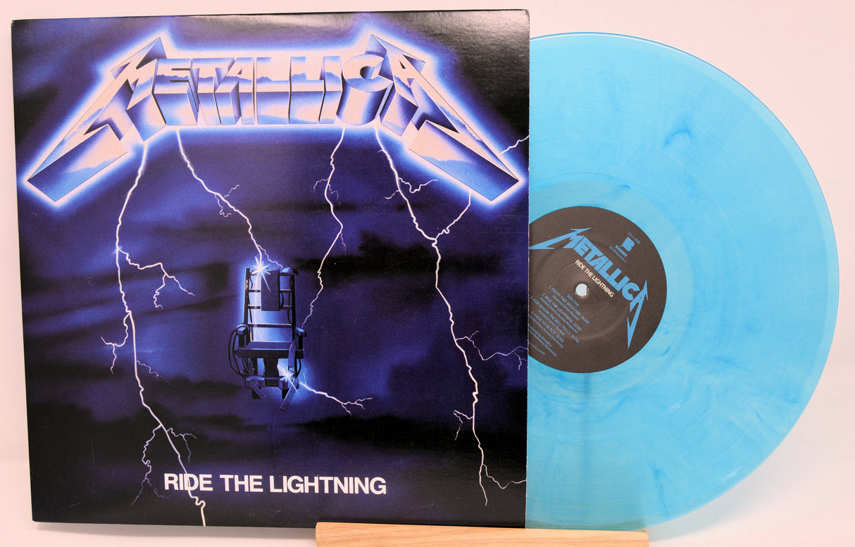 Metallica 'Ride the Lightning' vinyl record with blue disc and black cover