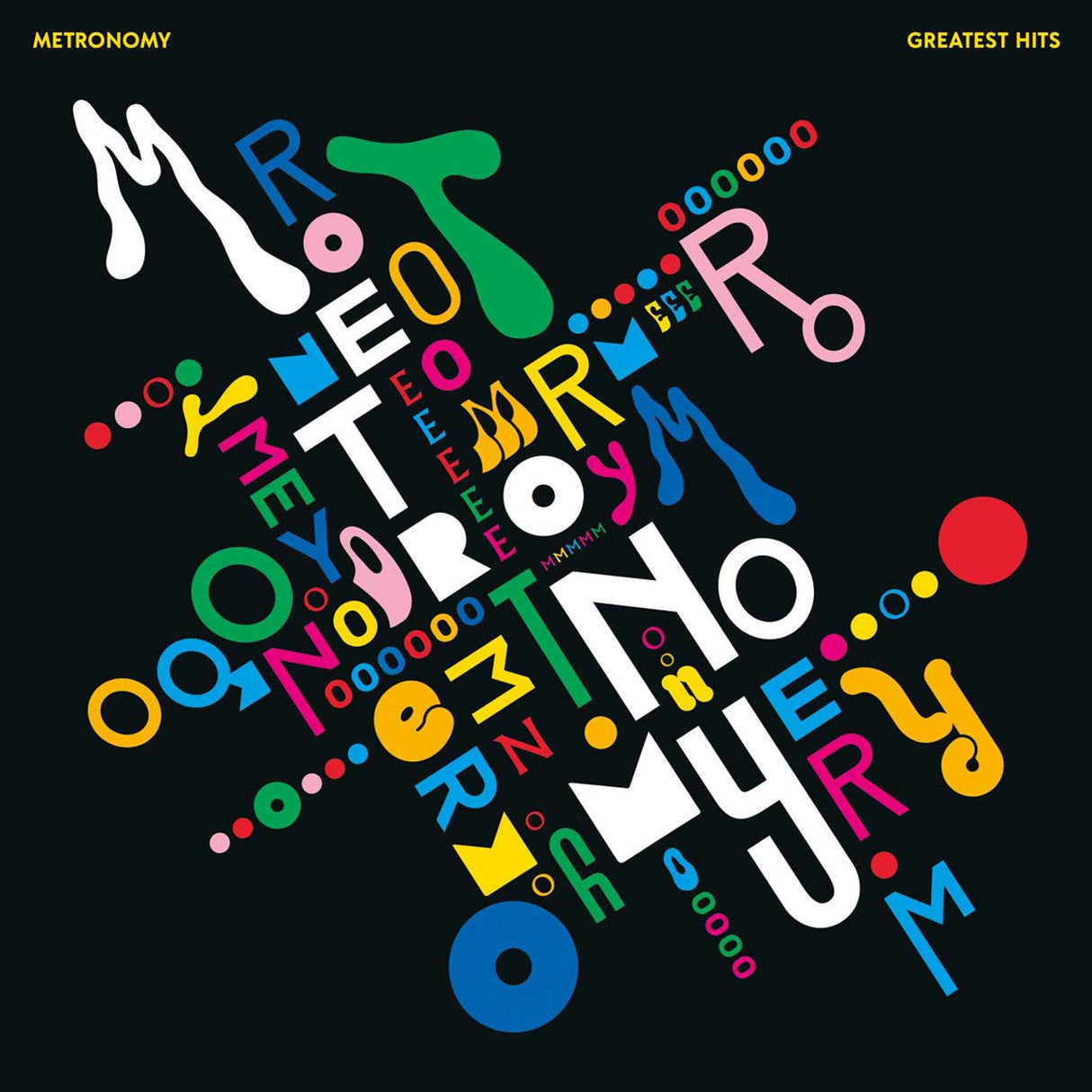 Metronomy Greatest Hits album cover with vibrant, abstract typography on a black background