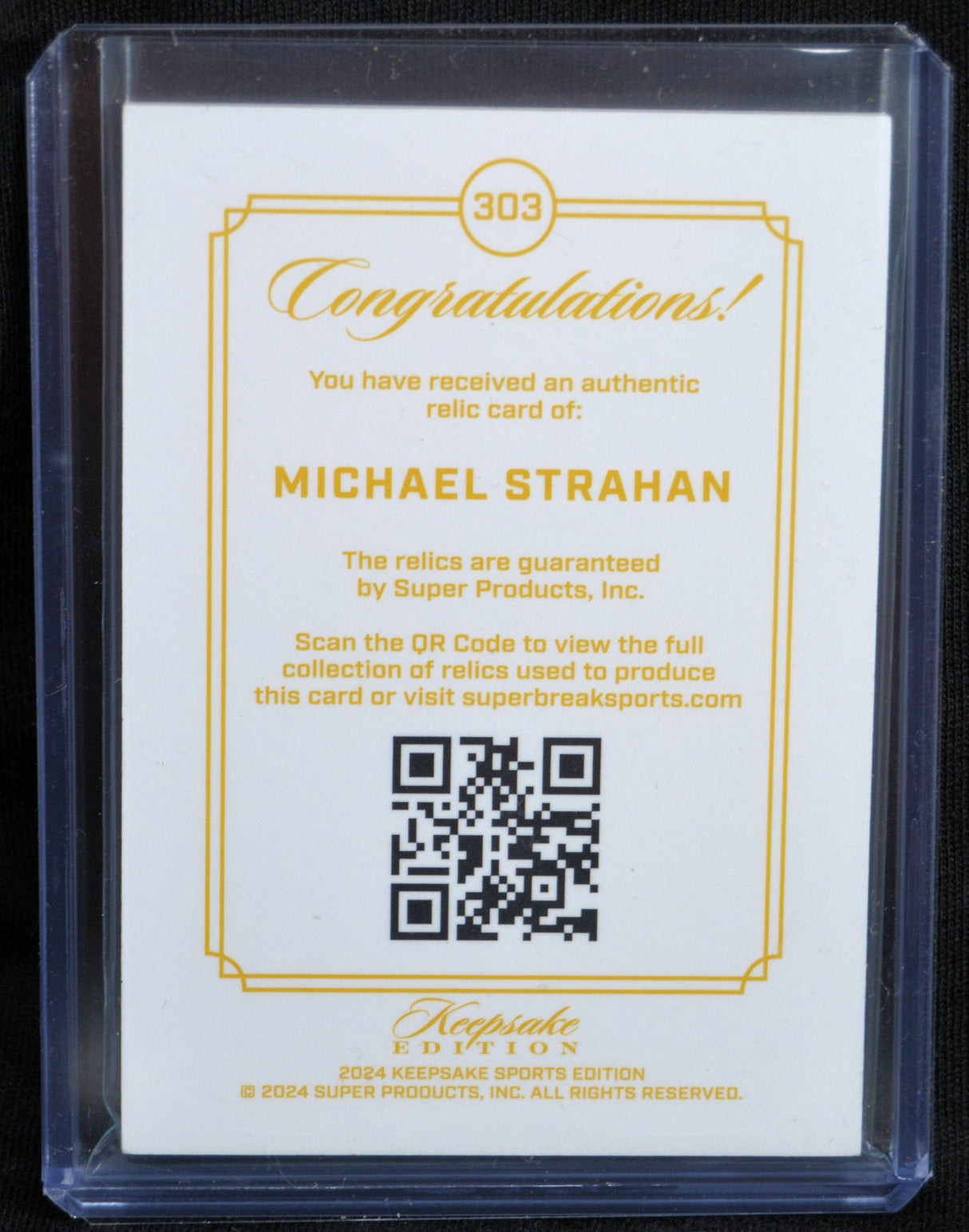 2024 Keepsake Edition Michael Strahan relic card authenticity certificate with QR code
