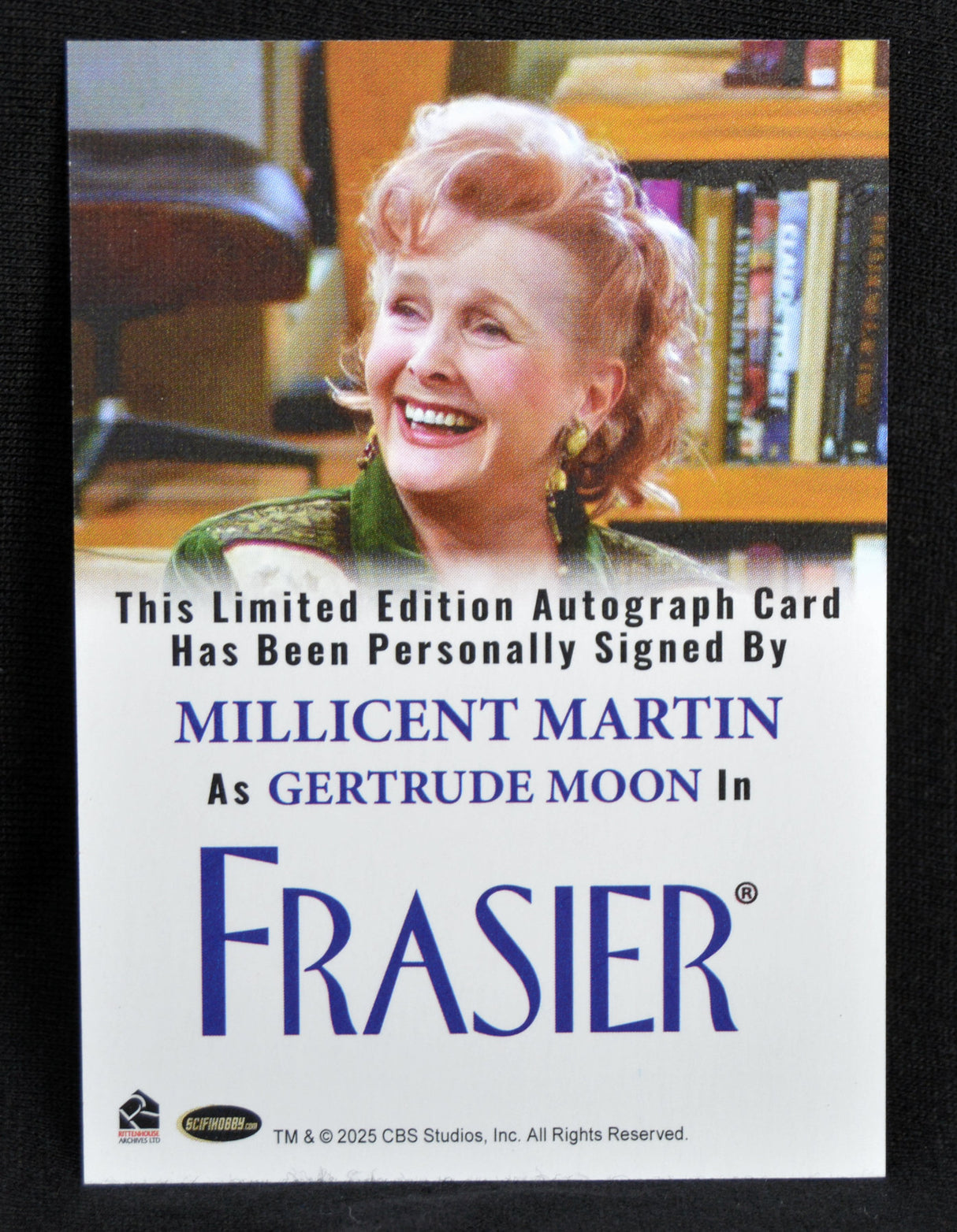 Autograph card signed by Millicent Martin as Gertrude Moon in Frasier, featuring a photo of the actress.