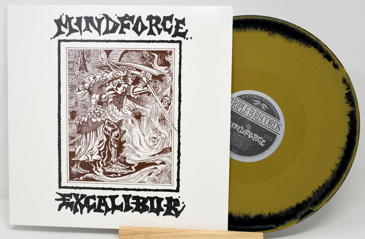 Mindforce Excalibur LP with exclusive illustrated cover art and yellow-black splatter vinyl from Triple-B Records