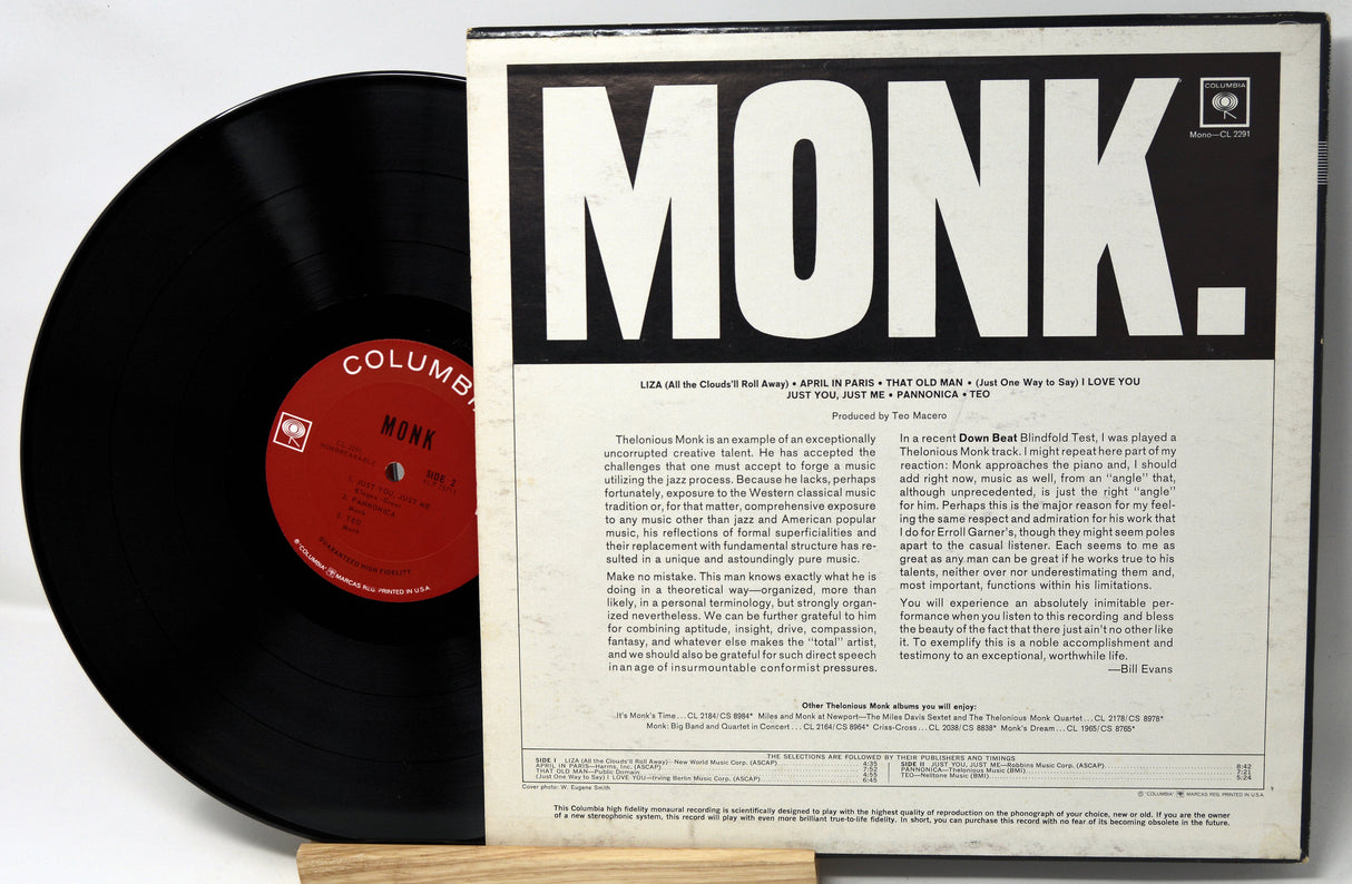 Vinyl record with cover displaying 'MONK.' and Columbia label.