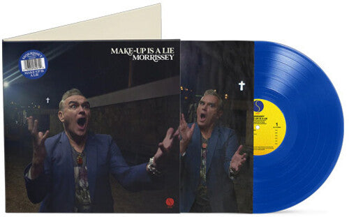 Vinyl record with blue disc and cover featuring a person with an open mouth, on a white background.