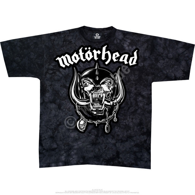 Black tie-dye t-shirt with 'motorhead' logo featuring a skull and crossbones on a white background.