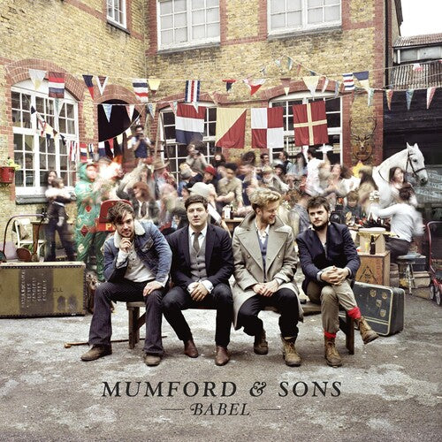 Album cover for 'Babel' by Mumford & Sons with four band members sitting together.