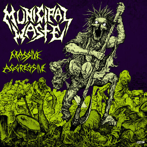 Municipal Waste Massive Aggressive album cover with fierce undead warrior artwork and neon colors