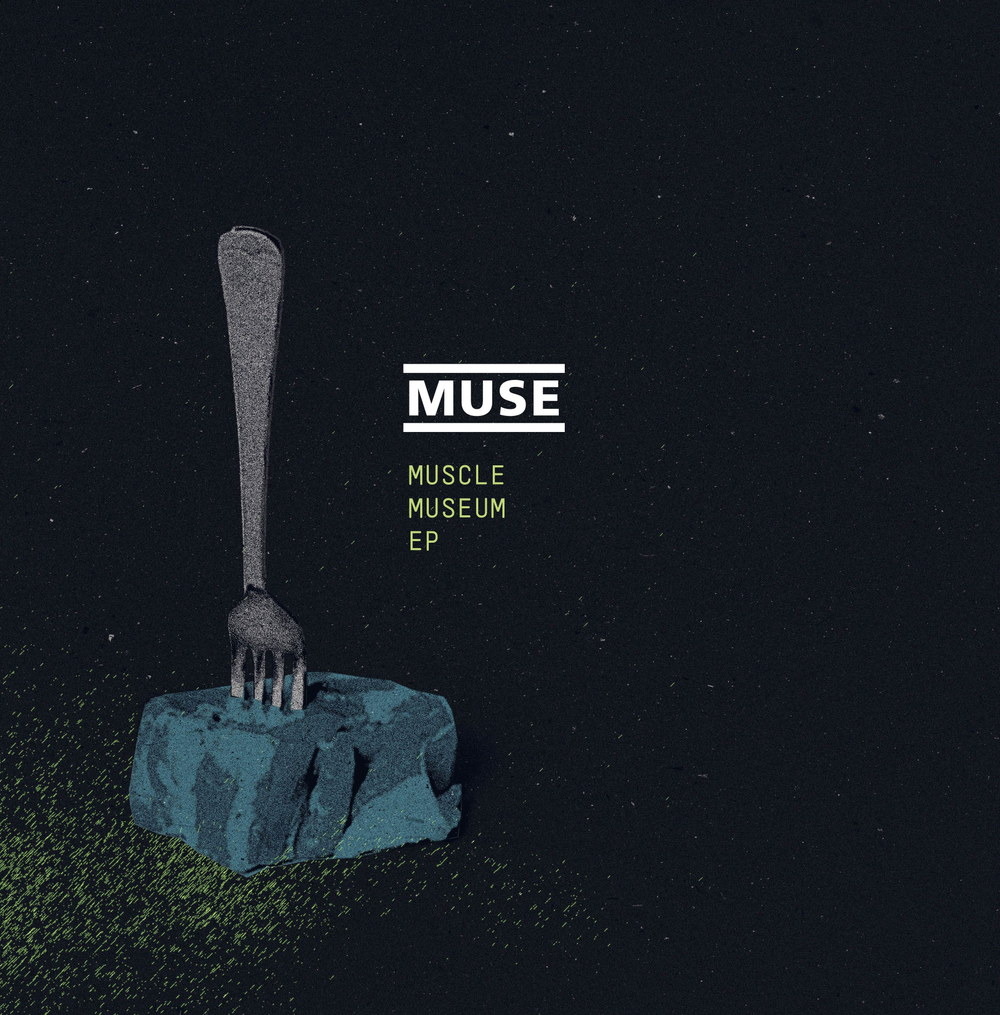 Album cover for 'Muscle Museum EP' by Muse featuring a fork on a block of stone against a dark background.