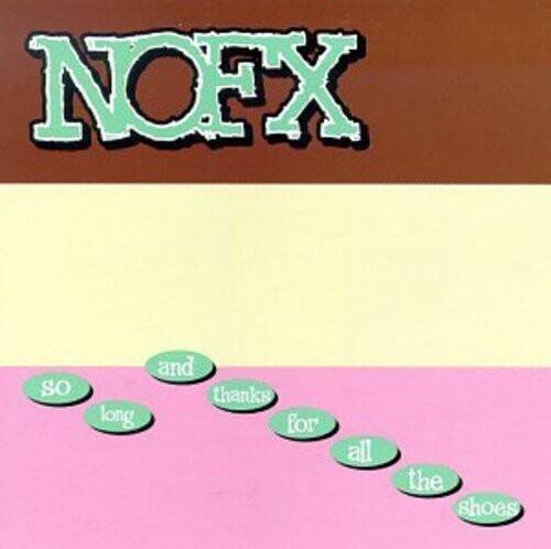 Album cover with 'NOFX' text and scattered words on a brown and pink background