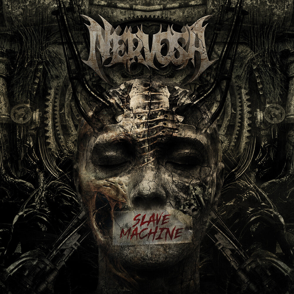 Album cover with a skeletal face and mechanical elements, featuring the band name and album title.