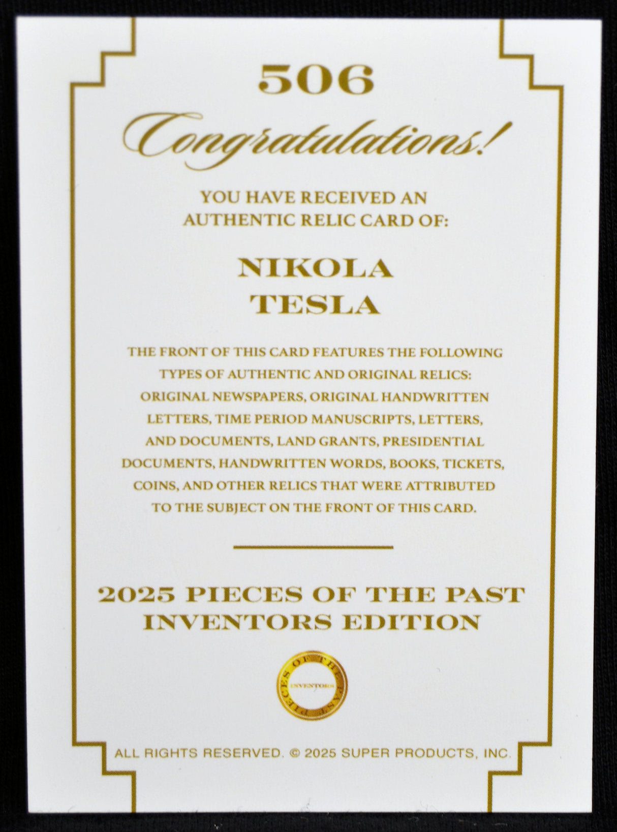 Certificate card confirming authentic Nikola Tesla relic card from 2025 Pieces of the Past Inventors Edition